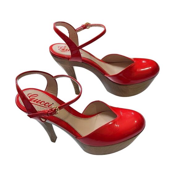 Gucci Authentic w Serial # Red 6.5 (36.5) Patent Leather Slingback Pumps High He - Picture 6 of 9
